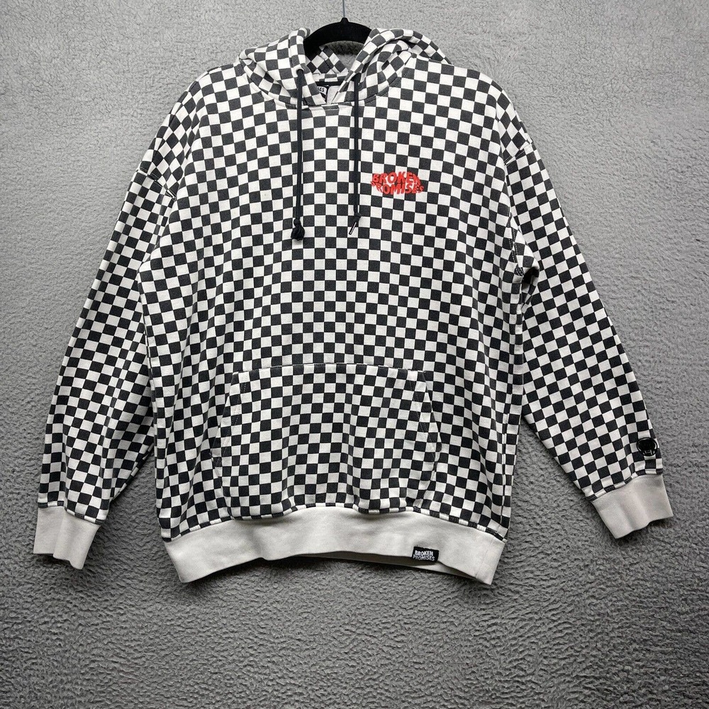 Broken Promises Men Hooded Sweater Black White Check Fleece Pullover Logo Size M